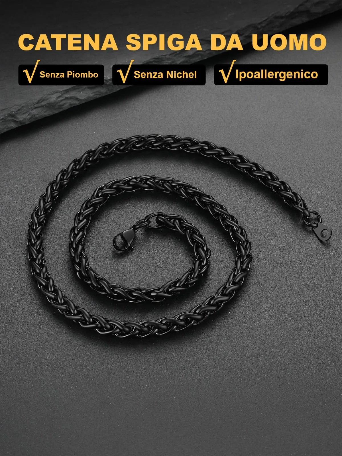 U7 Collana Uomo in Acciaio Inossidabile Nero, Catena Spiga 6mm, Lunghezza 66cm - immagine 4