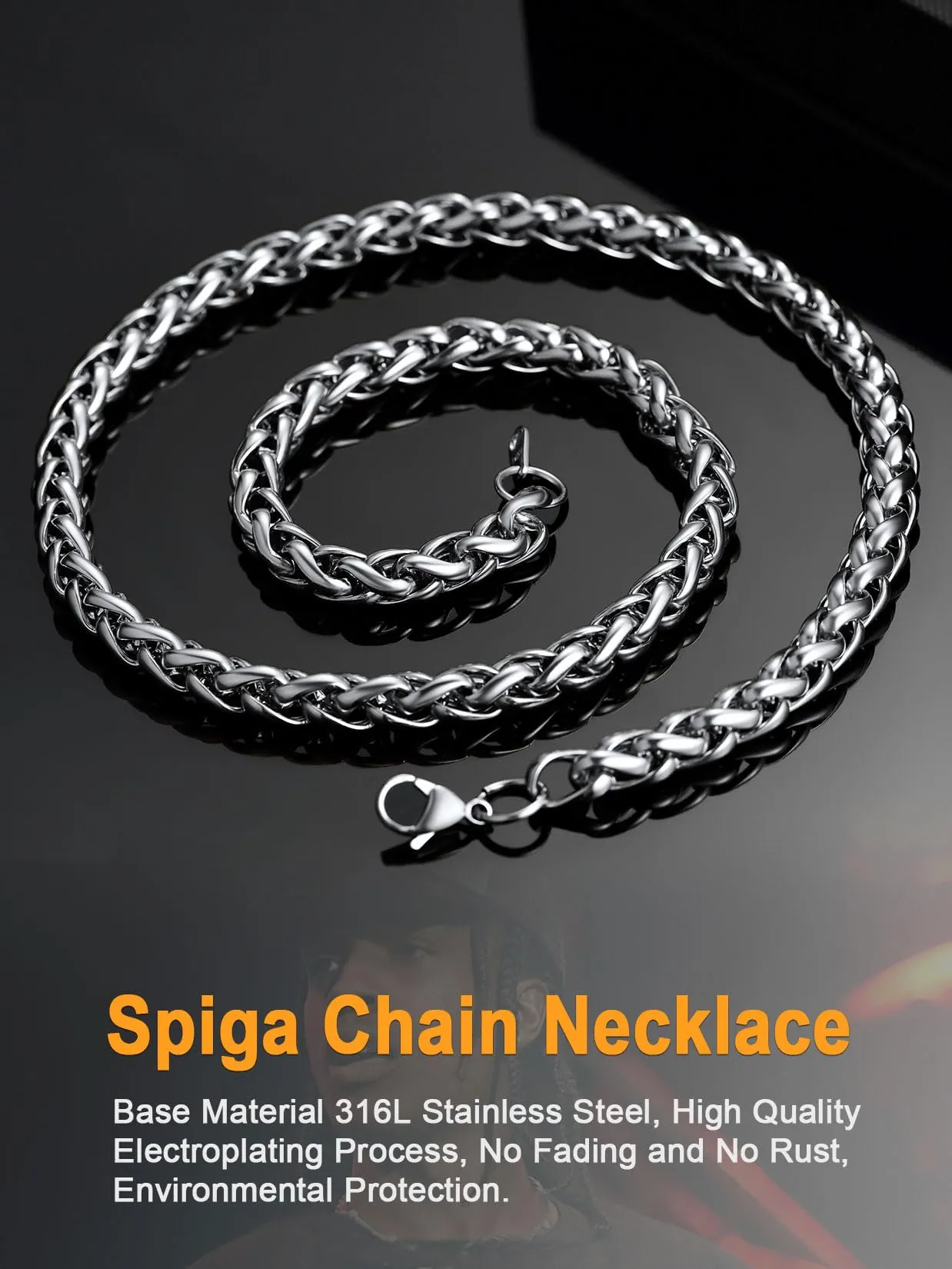 U7 Collana Uomo Catena a Grano di Spiga in Acciaio Inossidabile 9 mm - 76 cm, Argento - immagine 4