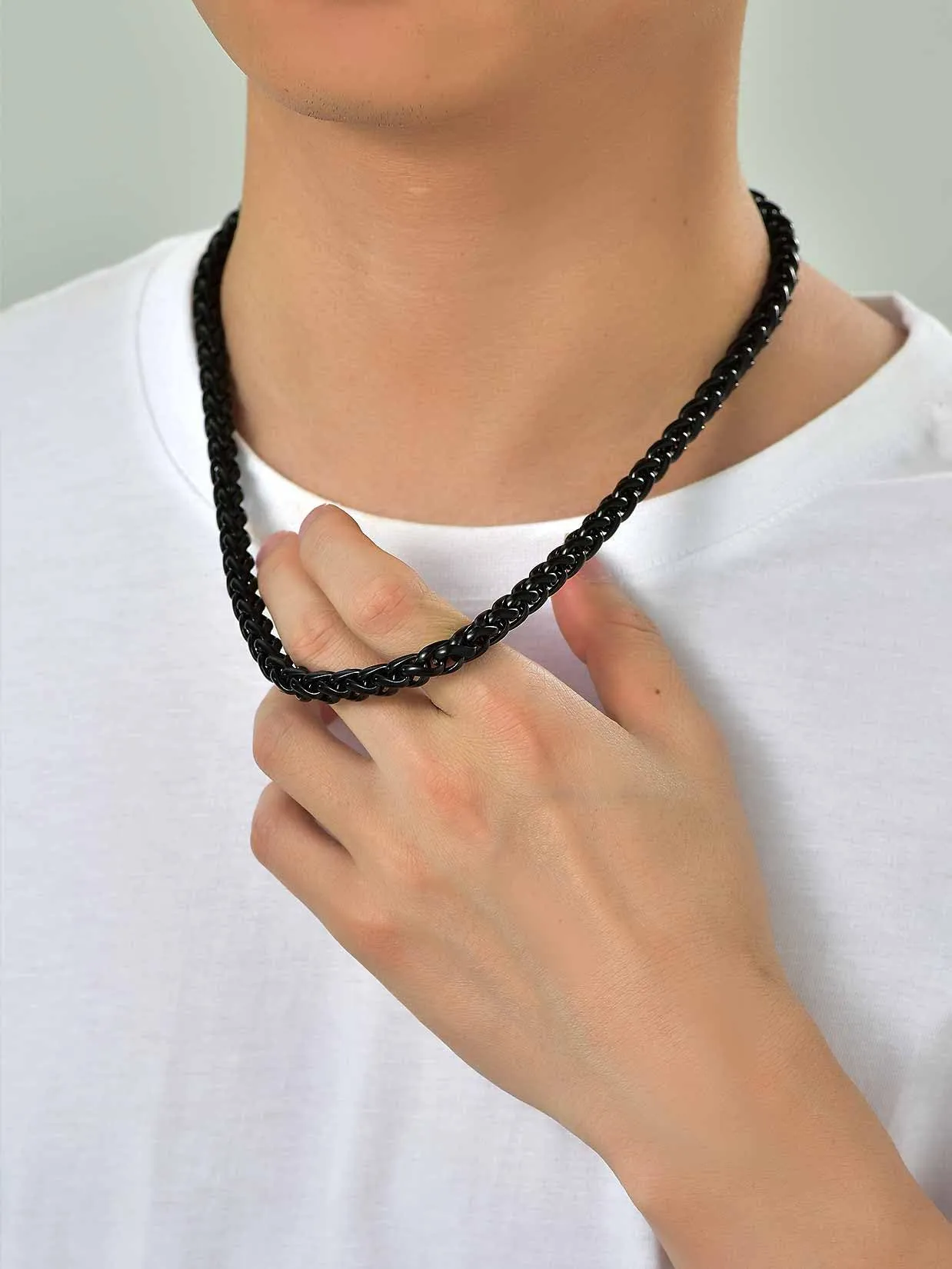 U7 Collana Uomo in Acciaio Inossidabile, Catena Spiga Nera 9mm, 55cm - immagine 3