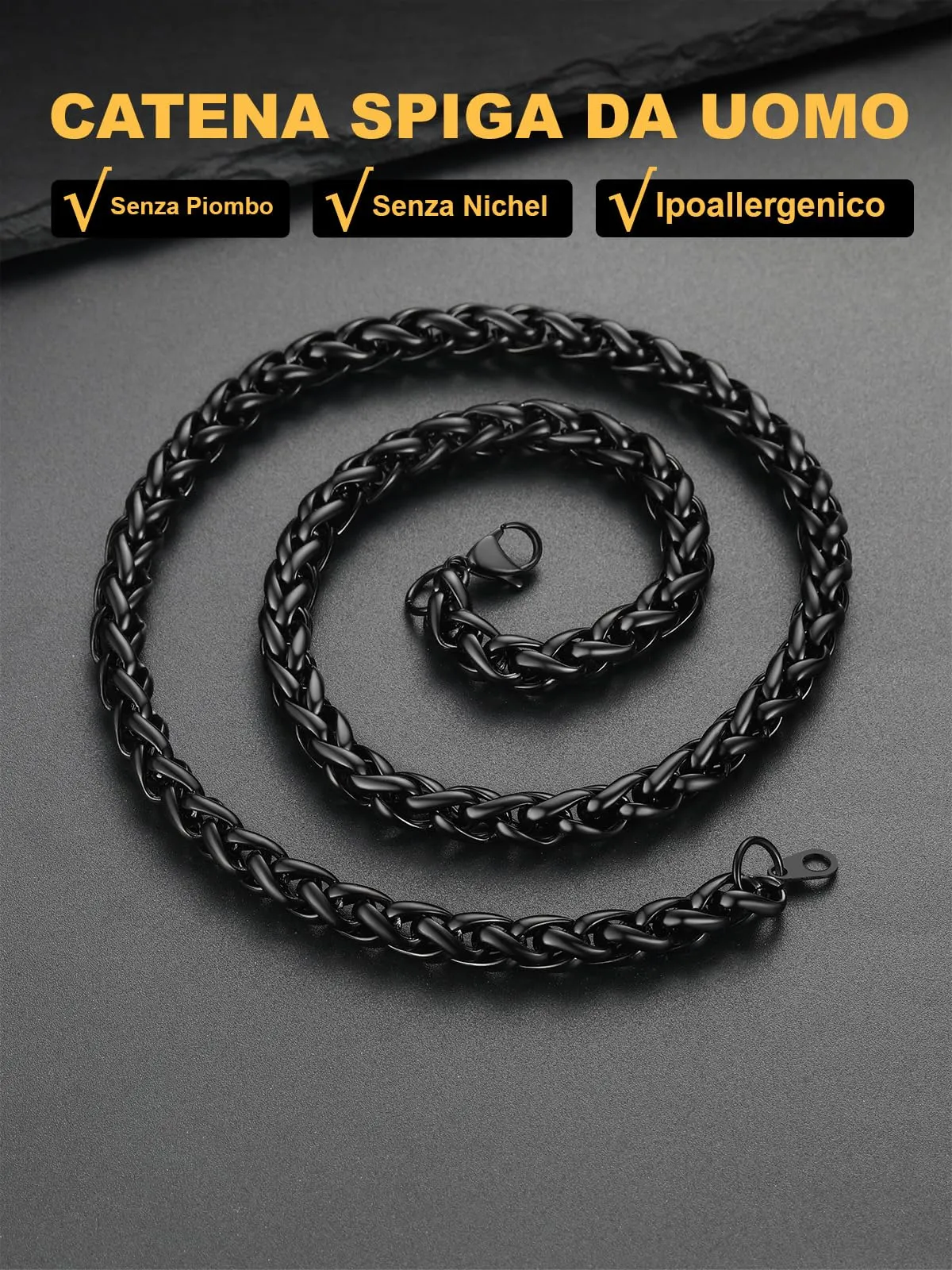 U7 Collana Uomo in Acciaio Inossidabile, Catena Spiga Nera 9mm, 55cm - immagine 4