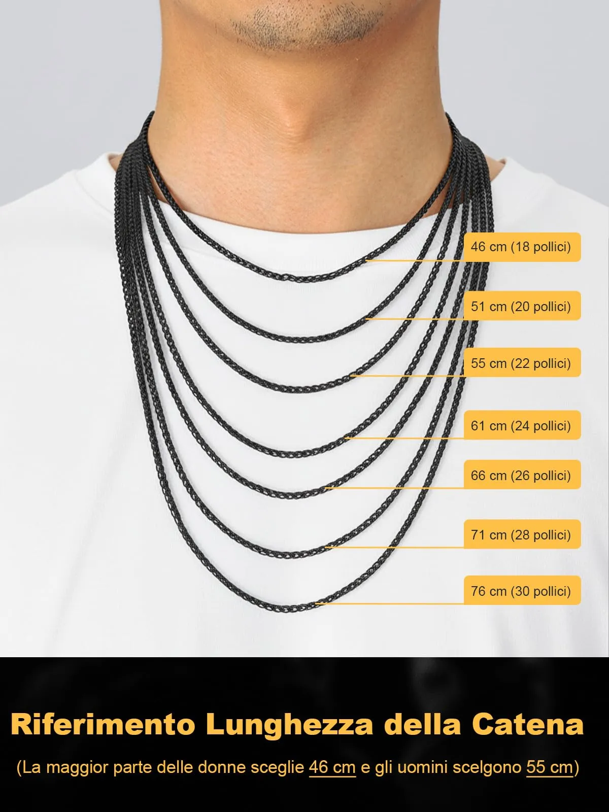 U7 Collana Uomo in Acciaio Inossidabile, Catena Spiga Nera 3mm, Lunghezza 66cm - immagine 6