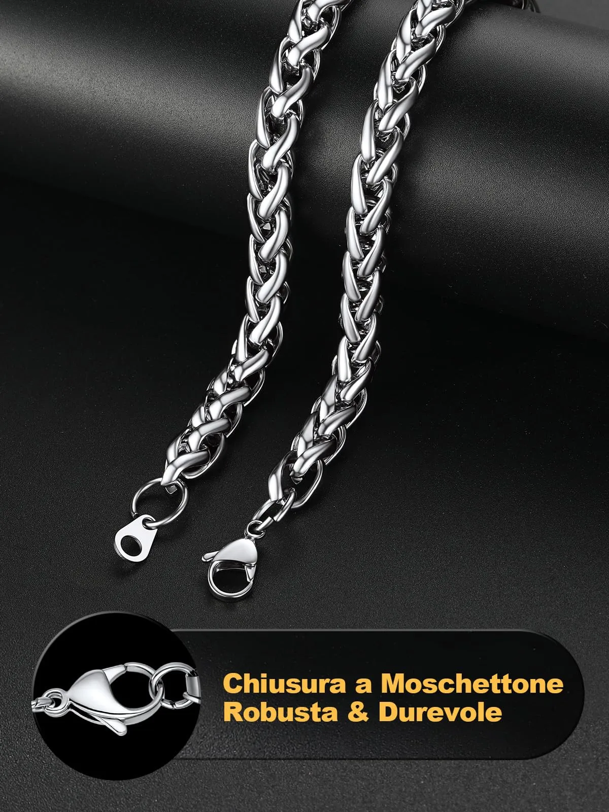 U7 Collana Catena a Grano in Acciaio Inossidabile per Uomo, 9 mm x 46 cm, Argento - immagine 5