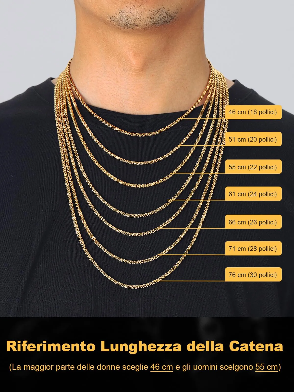 U7 Collana Uomo in Acciaio Inossidabile Oro, Catena Spiga 9mm, Lunghezza 55cm - immagine 7