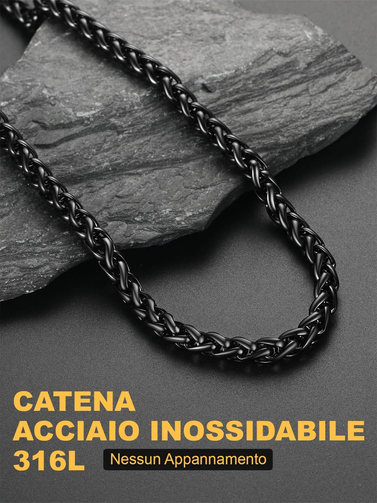 U7 Collana Uomo in Acciaio Inossidabile, Catena a Spiga Nera, 9mm x 71cm - immagine 5