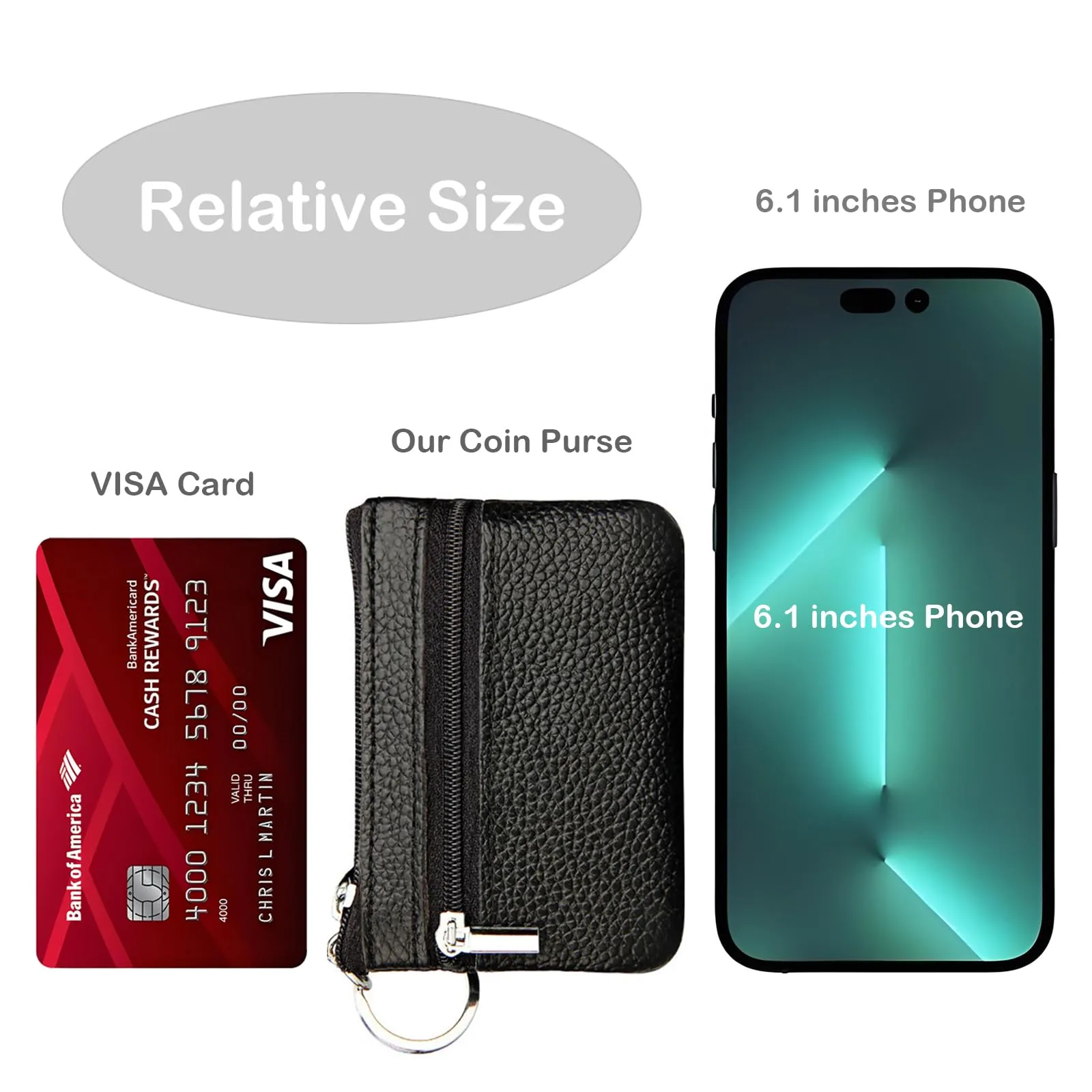 Hibate Mini Portamonete in pelle con Zip e Portachiavi, Marrone Scuro - immagine 3