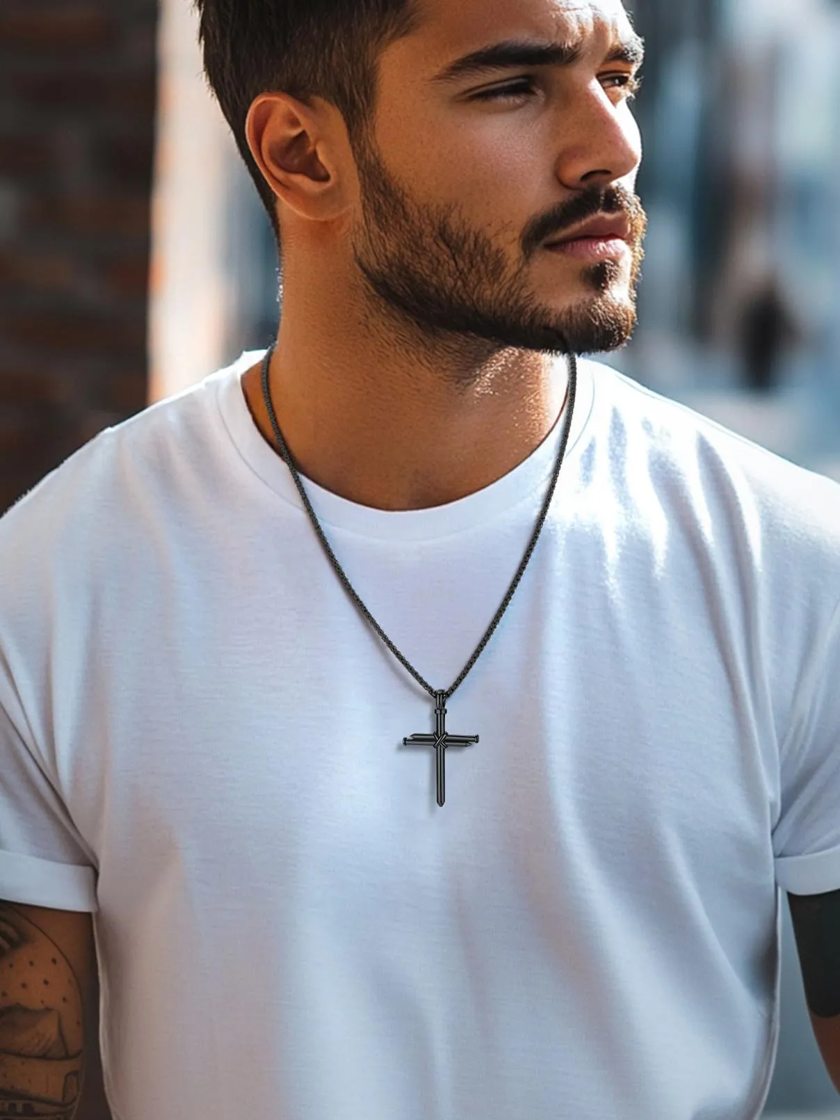 FaithHeart Collana Uomo Croce Forma dei Chiodi Nero Acciaio Inox Antiallergico - immagine 2