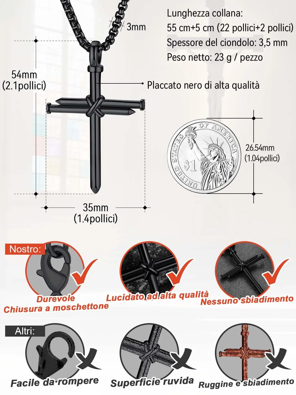 FaithHeart Collana Uomo Croce Forma dei Chiodi Nero Acciaio Inox Antiallergico - immagine 3