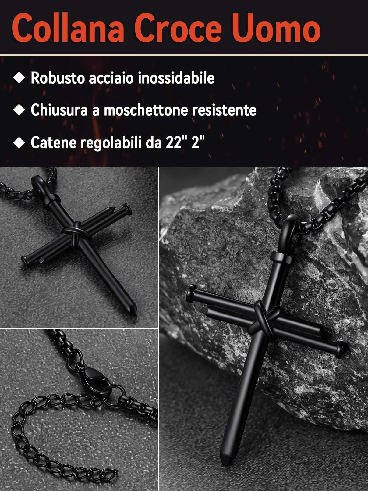 FaithHeart Collana Uomo Croce Forma dei Chiodi Nero Acciaio Inox Antiallergico - immagine 8