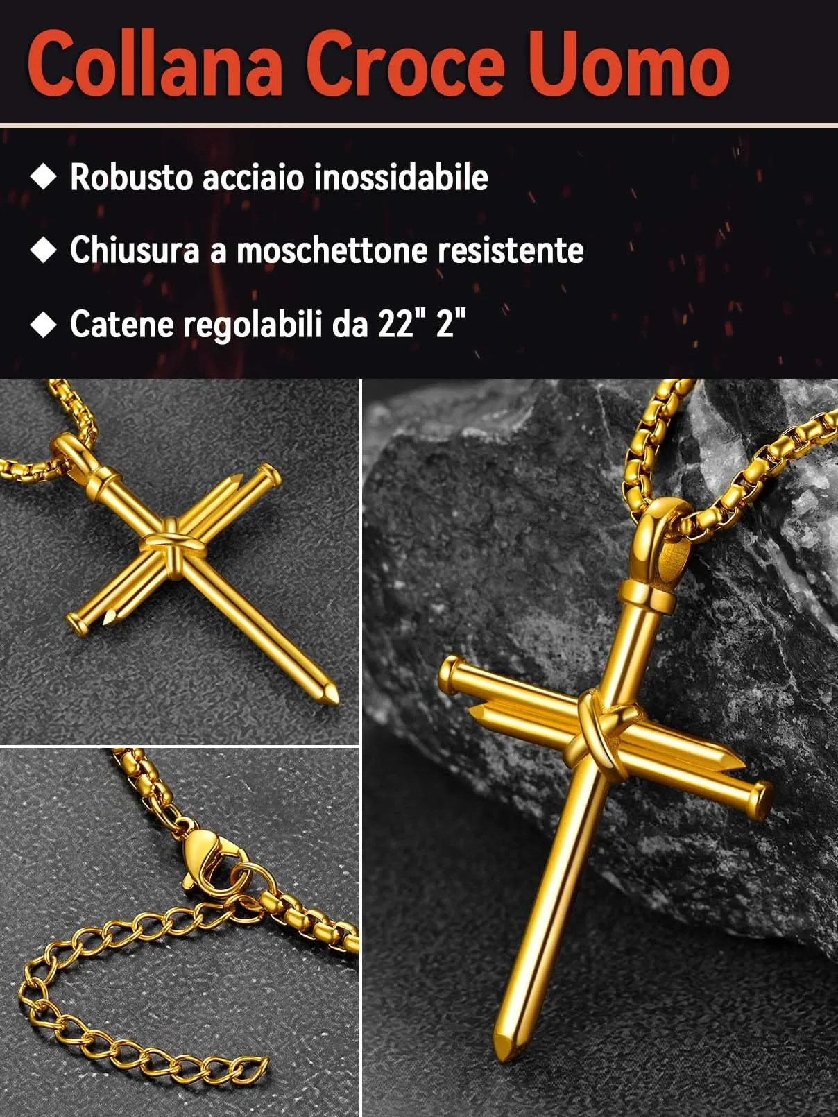 FaithHeart Collana Uomo Croce Forma dei Chiodi Oro Acciaio Inox Antiallergico FH-TP12041K-E - immagine 3