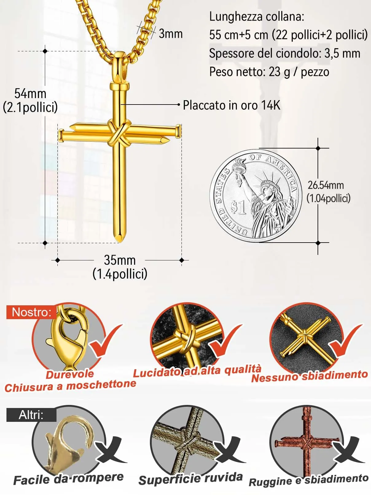 FaithHeart Collana Uomo Croce Forma dei Chiodi Oro Acciaio Inox Antiallergico FH-TP12041K-E - immagine 5