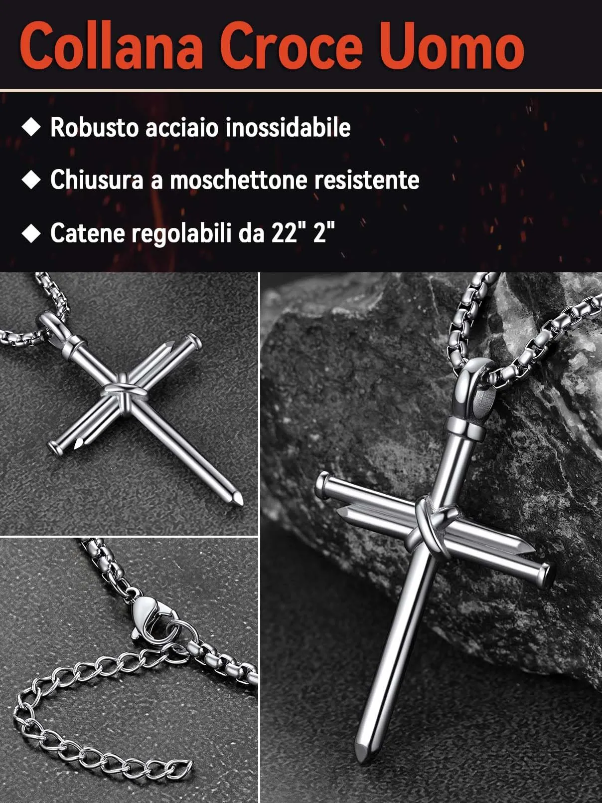 FaithHeart Collana Uomo Croce Forma dei Chiodi in Acciaio Inox Argento - immagine 3
