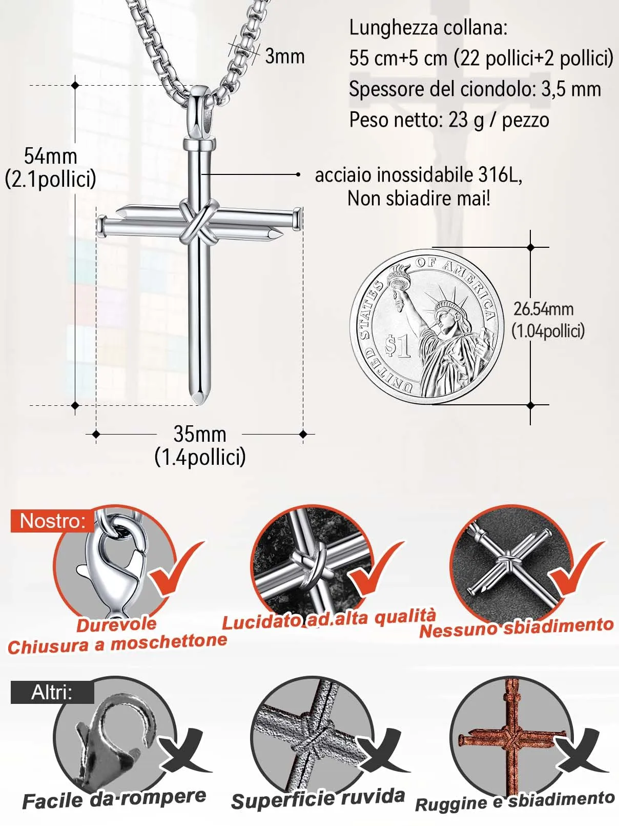 FaithHeart Collana Uomo Croce Forma dei Chiodi in Acciaio Inox Argento - immagine 5