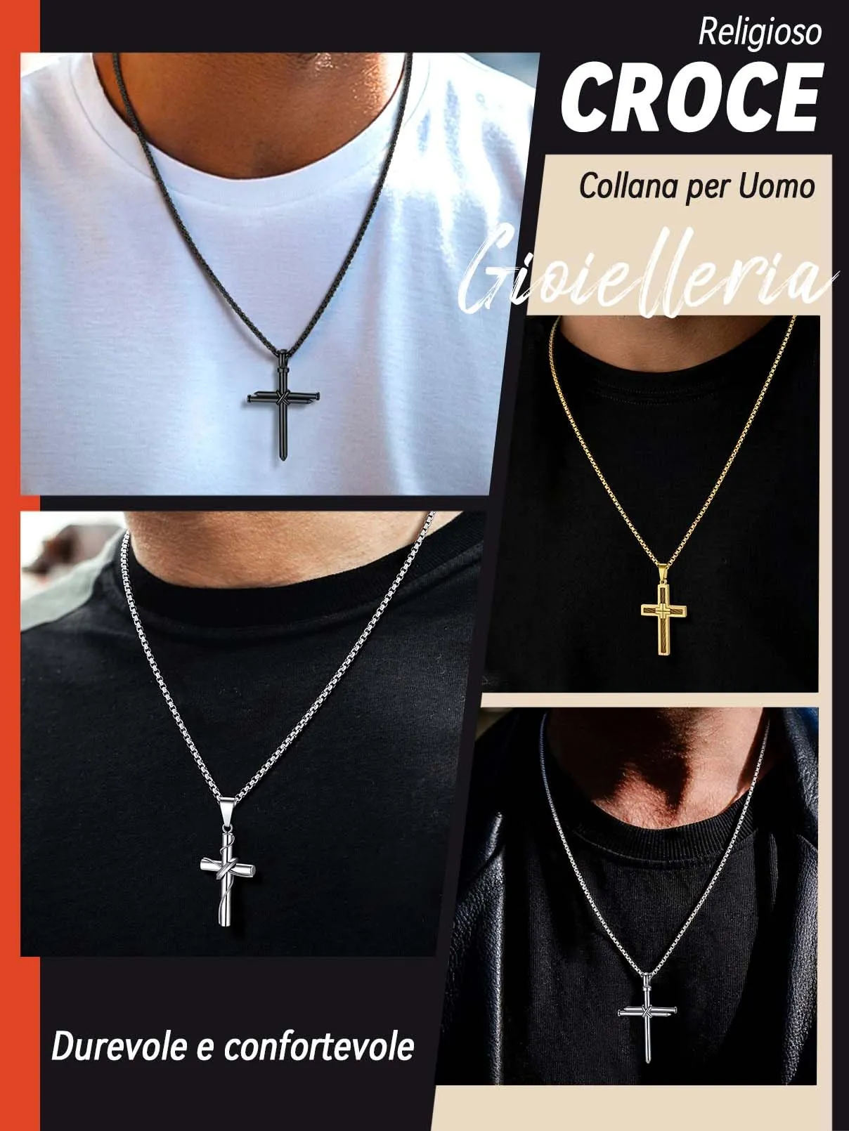 FaithHeart Collana Uomo Croce Forma dei Chiodi in Acciaio Inox Argento - immagine 9