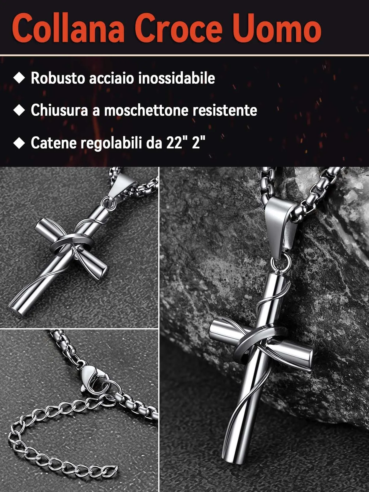 FaithHeart Collana Croce Uomo in Acciaio Inox 316L Argento - immagine 3