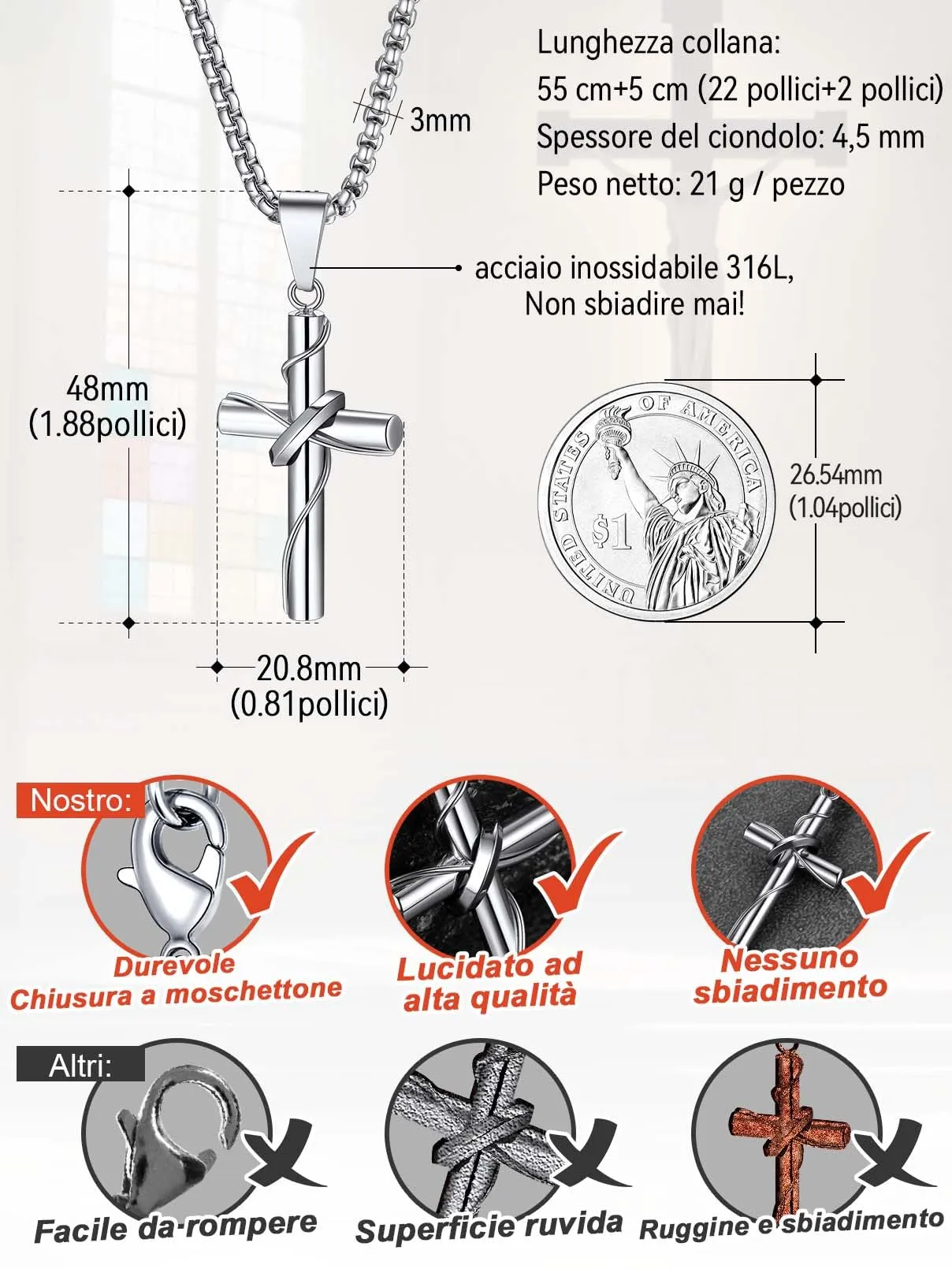 FaithHeart Collana Croce Uomo in Acciaio Inox 316L Argento - immagine 5