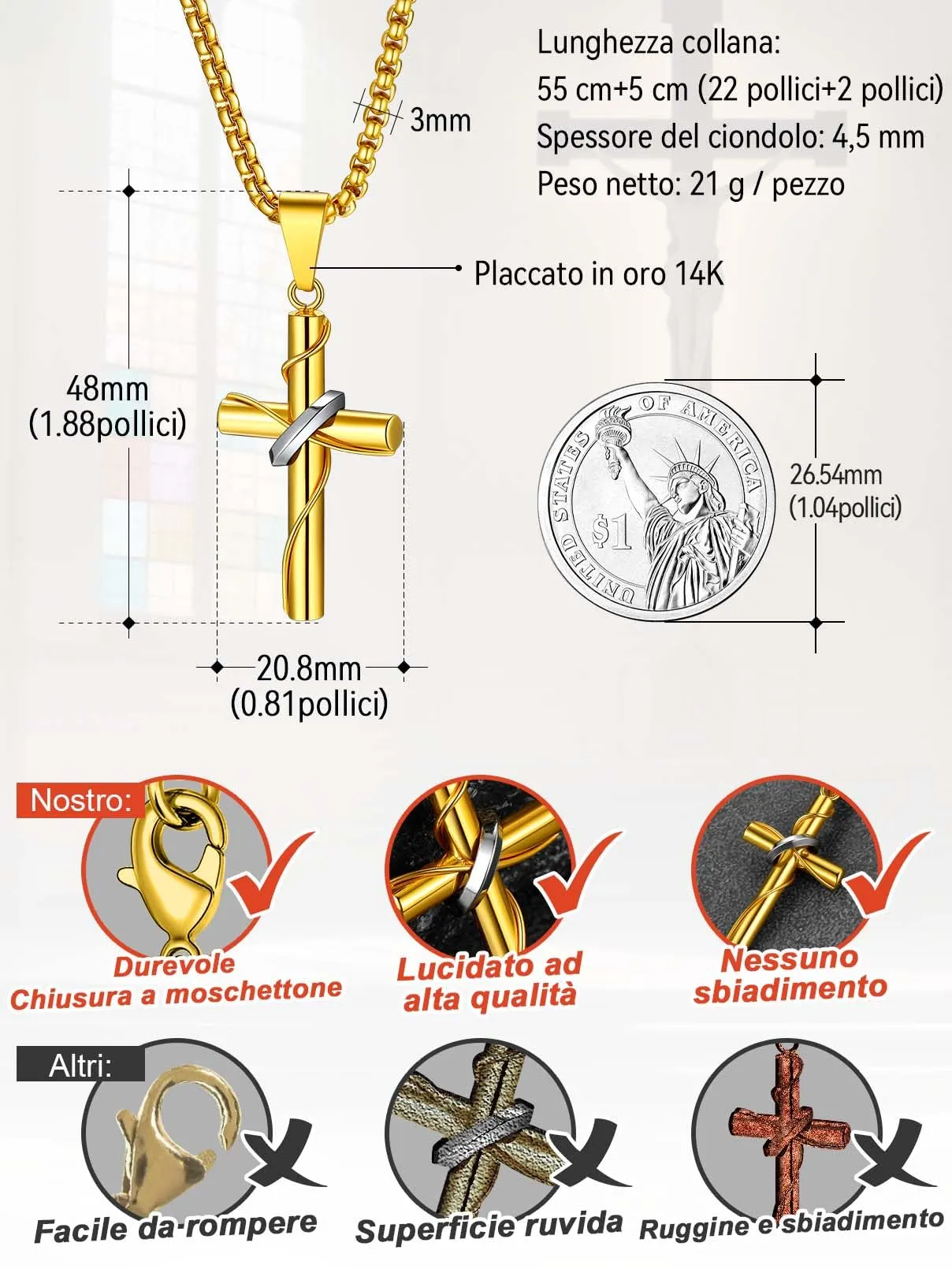 FaithHeart Collana Croce Uomo Avvolta in Acciaio Inox 316L Oro - immagine 3