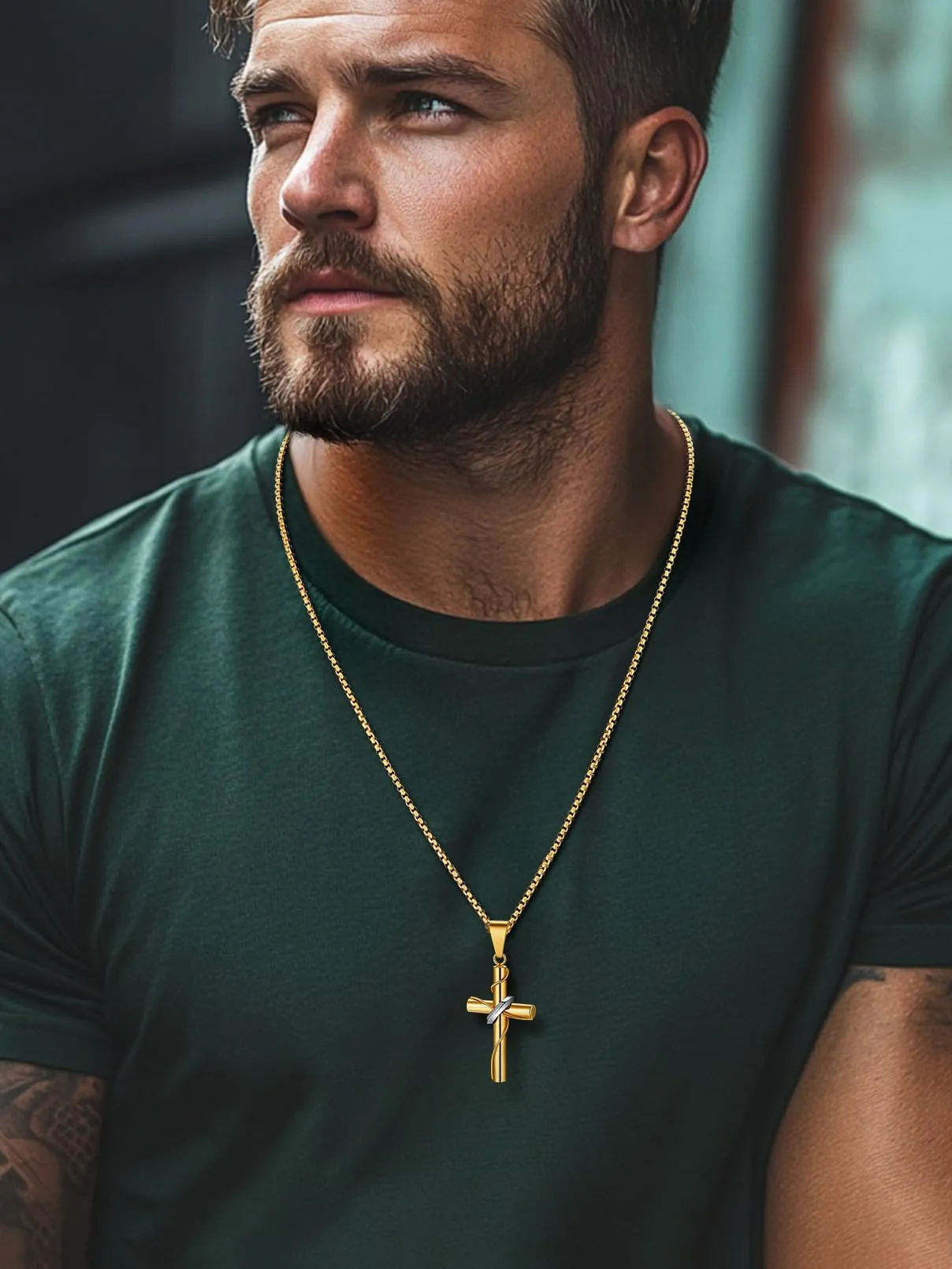 FaithHeart Collana Croce Uomo Avvolta in Acciaio Inox 316L Oro - immagine 4