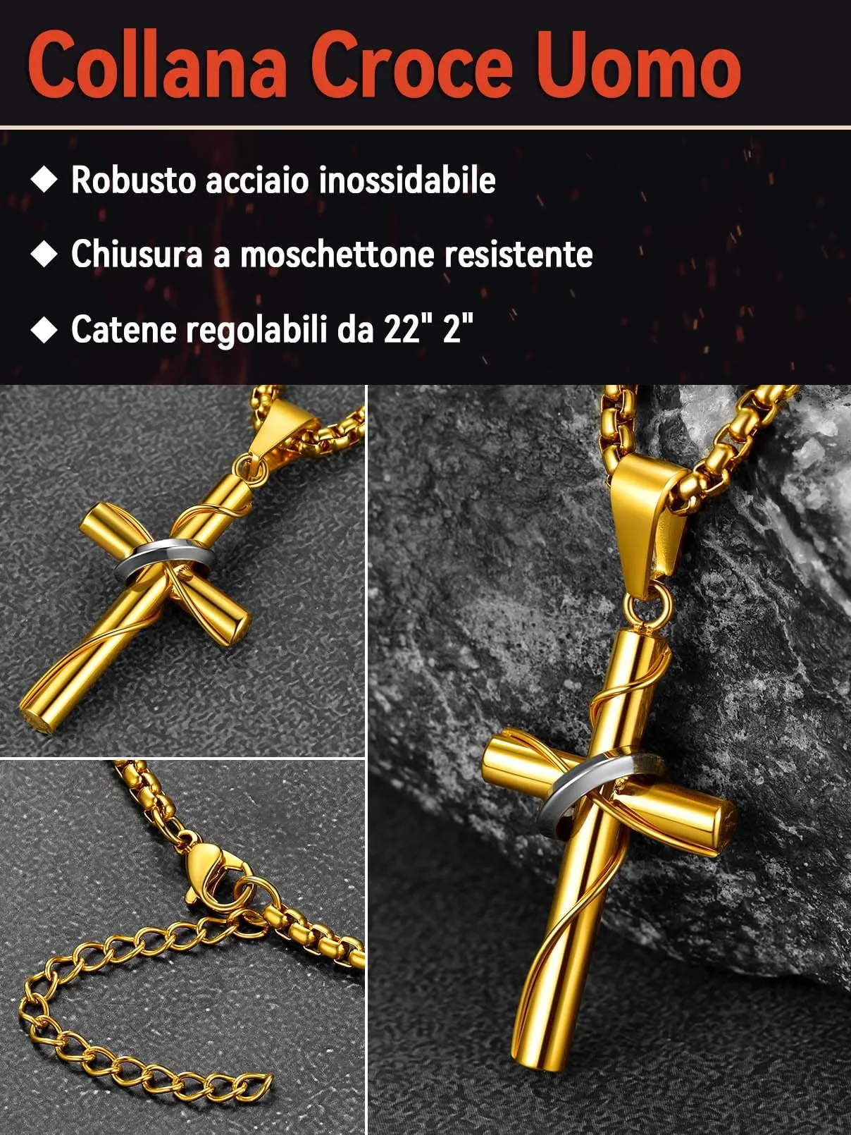 FaithHeart Collana Croce Uomo Avvolta in Acciaio Inox 316L Oro - immagine 5