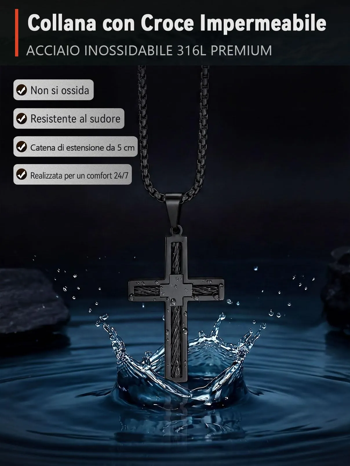 FaithHeart Collana Croce Latina Uomo Catena in Acciaio Inox Nero - immagine 5
