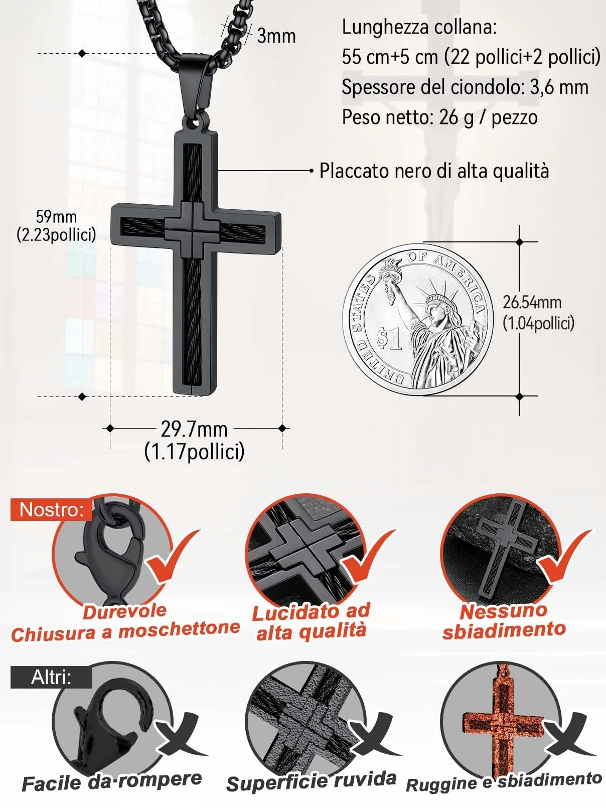FaithHeart Collana Croce Latina Uomo Catena in Acciaio Inox Nero - immagine 7