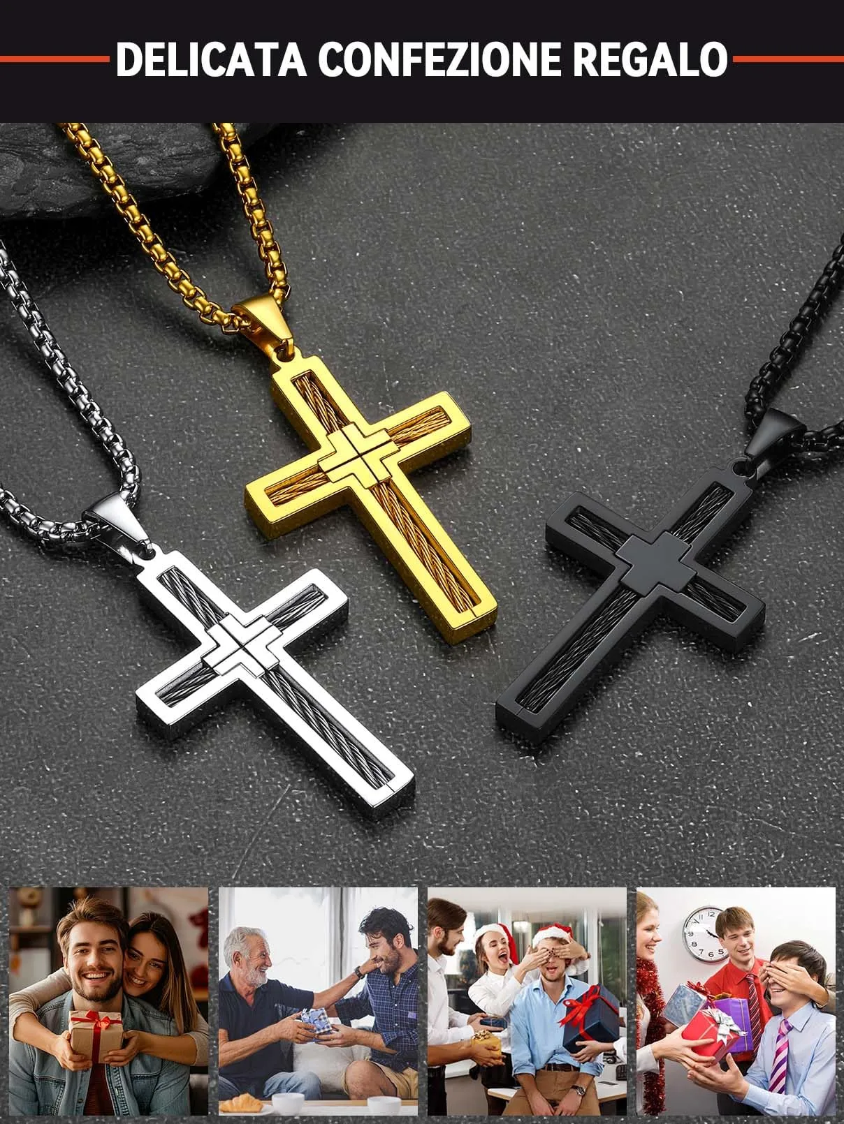 FaithHeart Collana Croce Latina Uomo Catena in Acciaio Inox Nero - immagine 8