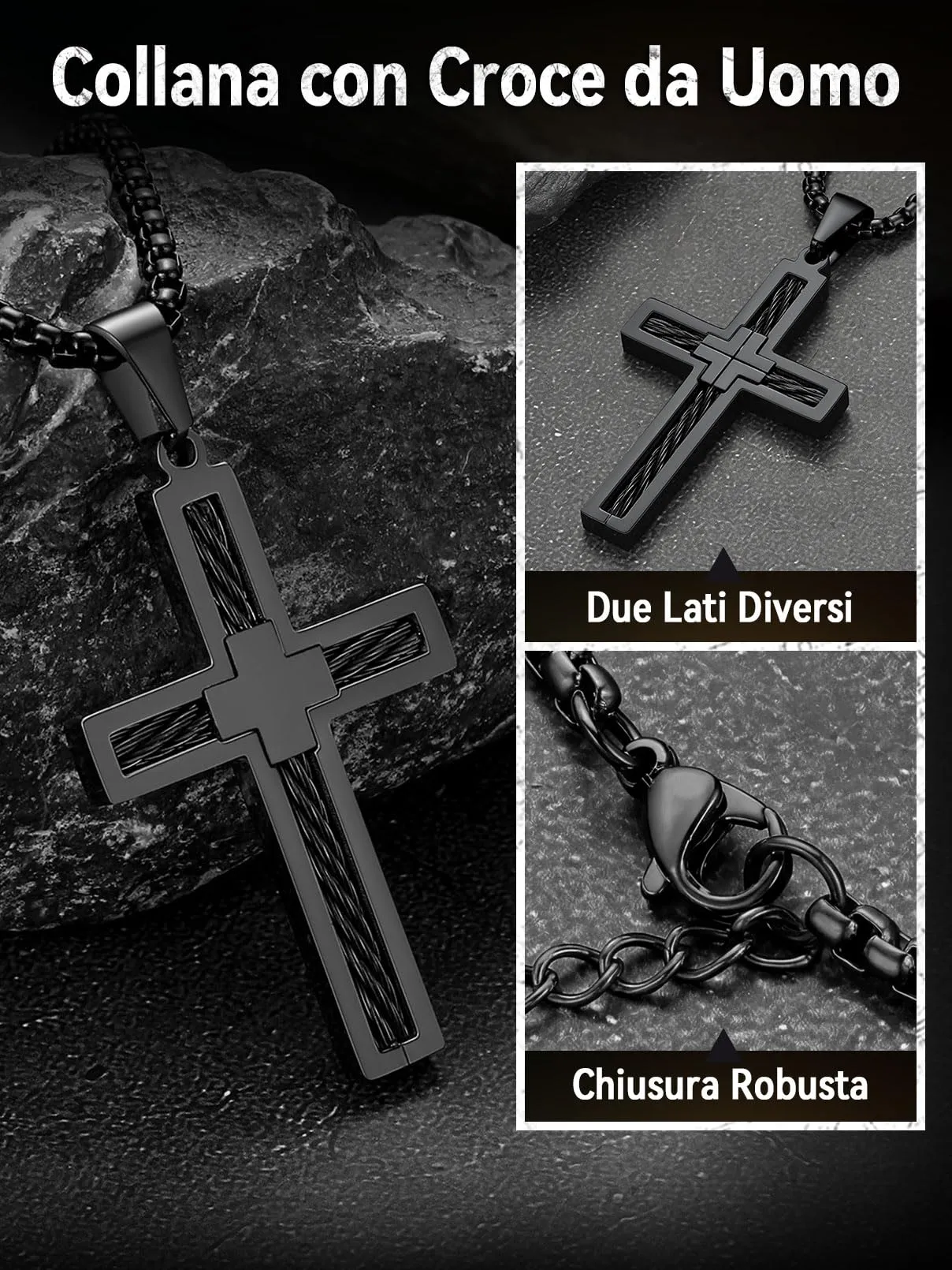 FaithHeart Collana Croce Latina Uomo Catena in Acciaio Inox Nero - immagine 9