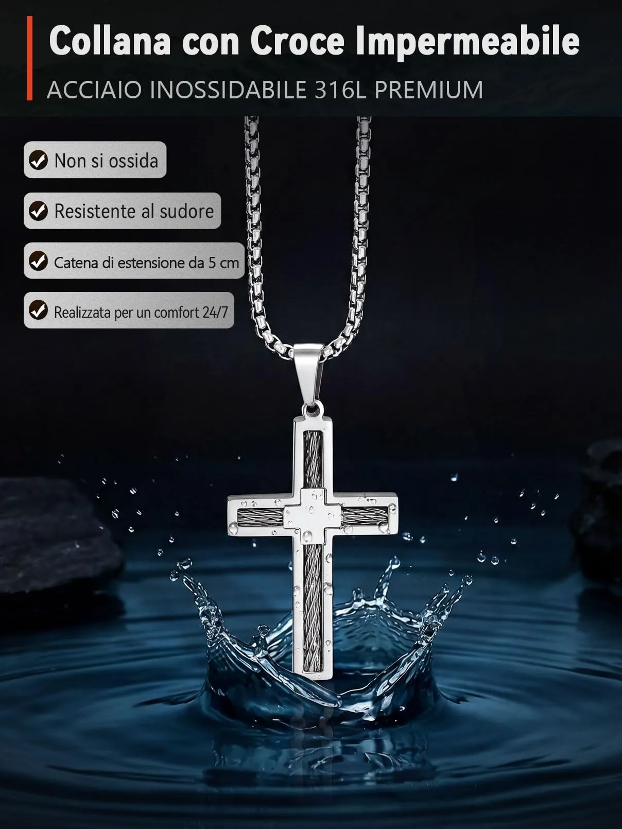 FaithHeart Collana Croce Latina Uomo in Acciaio Inox Argento - immagine 3