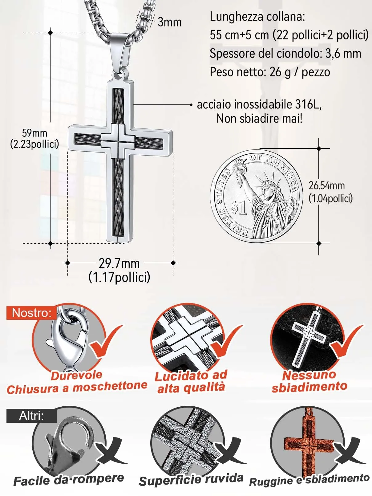 FaithHeart Collana Croce Latina Uomo in Acciaio Inox Argento - immagine 5