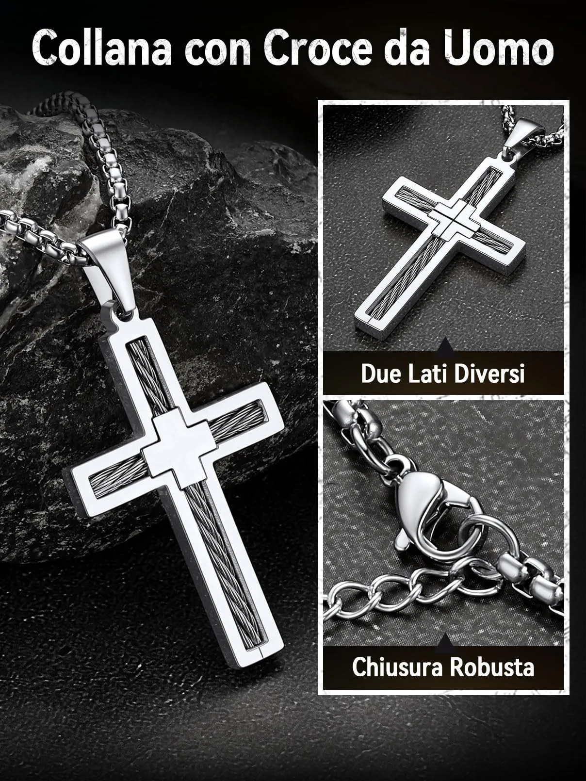 FaithHeart Collana Croce Latina Uomo in Acciaio Inox Argento - immagine 8