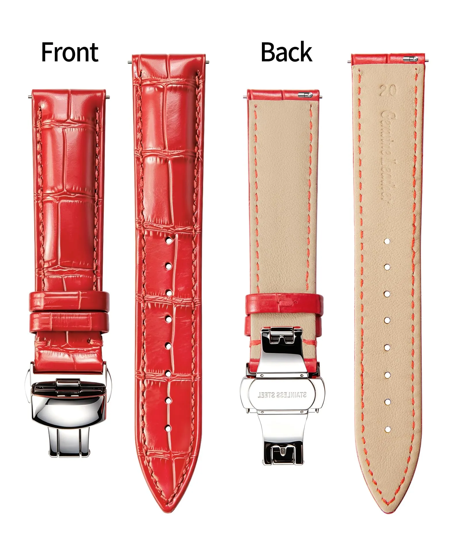BINLUN Cinturino per Orologio in Pelle con Fibbia a Farfalla, 19mm, Rosso-Fibbia D'argento - immagine 2