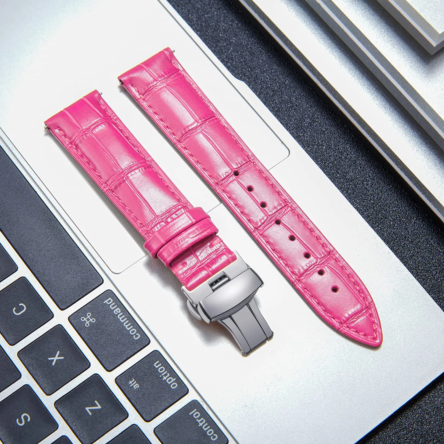 BINLUN Cinturino in Pelle per Orologio Unisex con Fibbia a Farfalla, 12mm, Rosa Rosso-Fibbia Argento - immagine 2