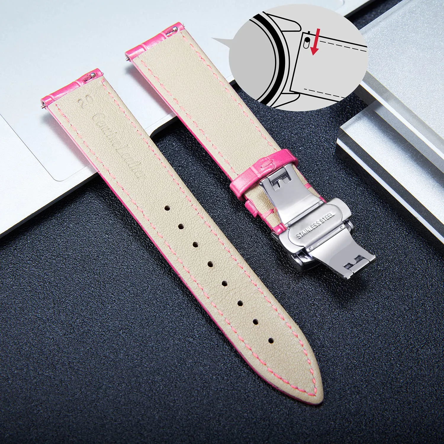 BINLUN Cinturino in Pelle per Orologio Unisex con Fibbia a Farfalla, 12mm, Rosa Rosso-Fibbia Argento - immagine 3