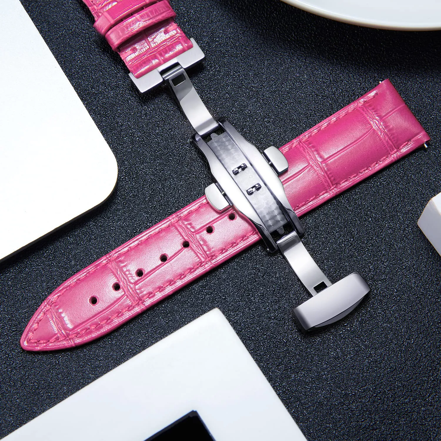 BINLUN Cinturino in Pelle per Orologio Unisex con Fibbia a Farfalla, 12mm, Rosa Rosso-Fibbia Argento - immagine 4