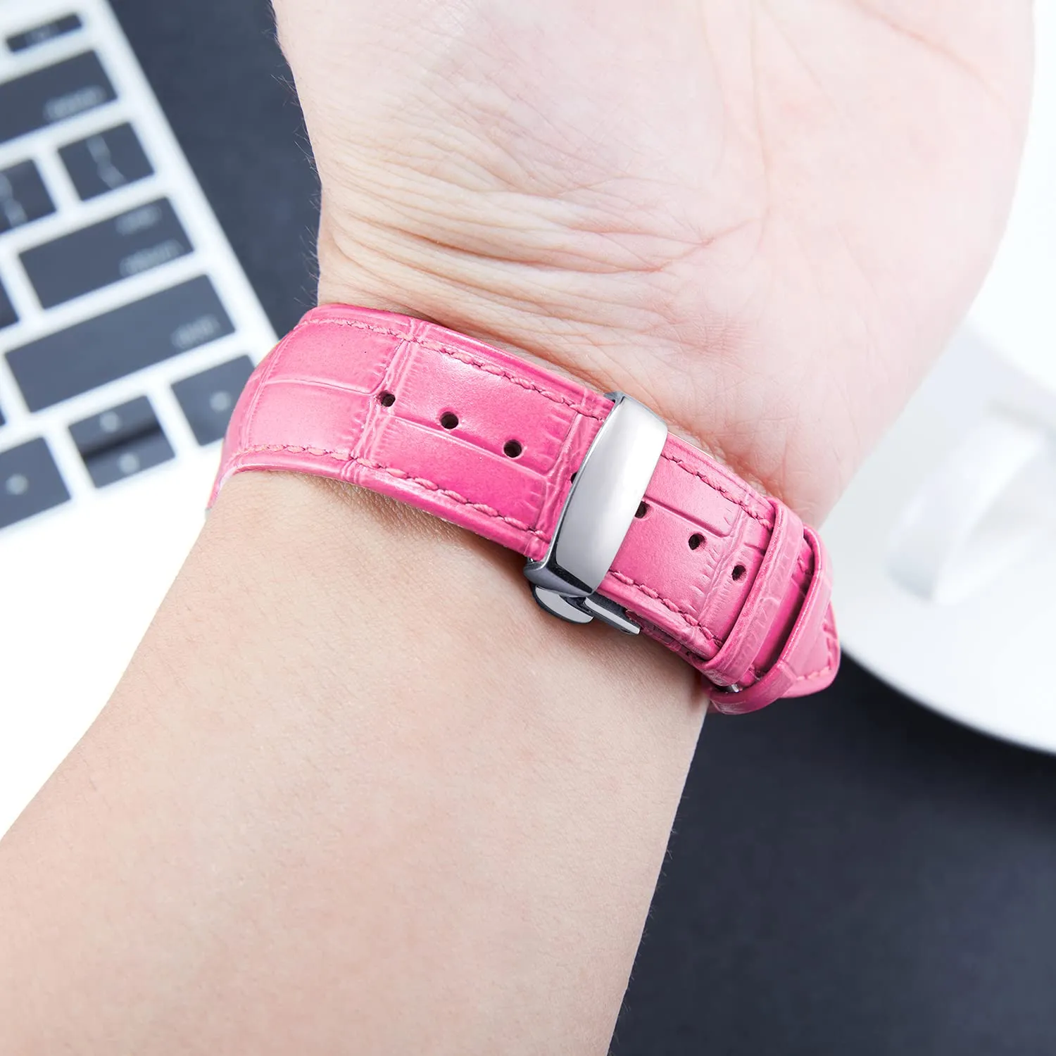 BINLUN Cinturino in Pelle per Orologio Unisex con Fibbia a Farfalla, 12mm, Rosa Rosso-Fibbia Argento - immagine 5