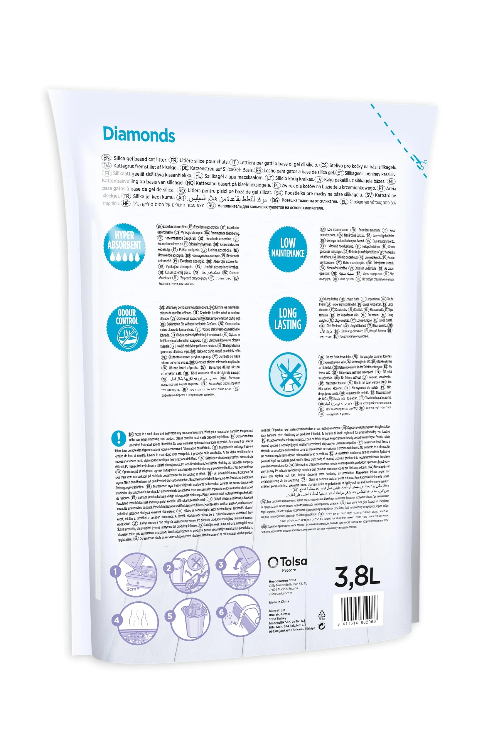 Sanicat Lettiera assorbente con perle in gel di silice, Senza profumo, 4 x 3,8 L - immagine 3
