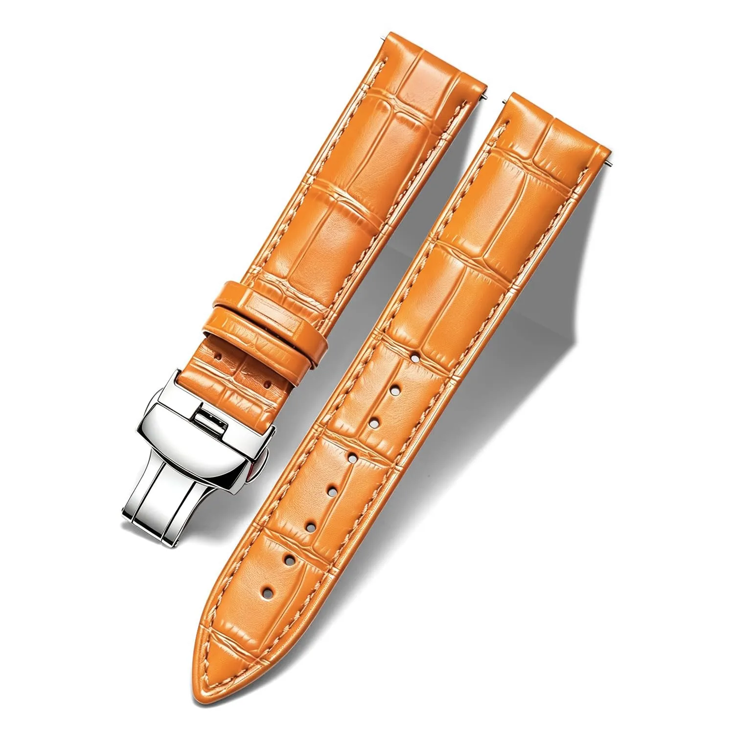 BINLUN Cinturino in Pelle per Orologio Unisex con Fibbia a Farfalla, 22mm, Arancia-Fibbia Argento - immagine 1