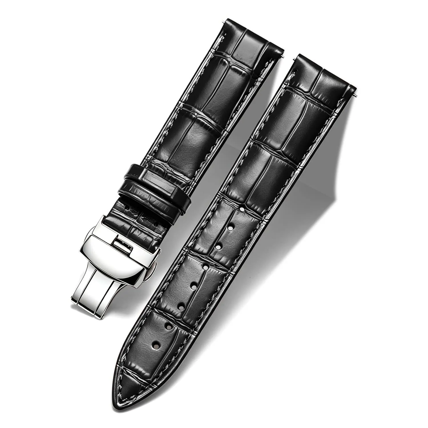 BINLUN Cinturino per Orologio in Pelle con Fibbia a Farfalla, Nero-Fibbia D'argento, 18mm - immagine 1