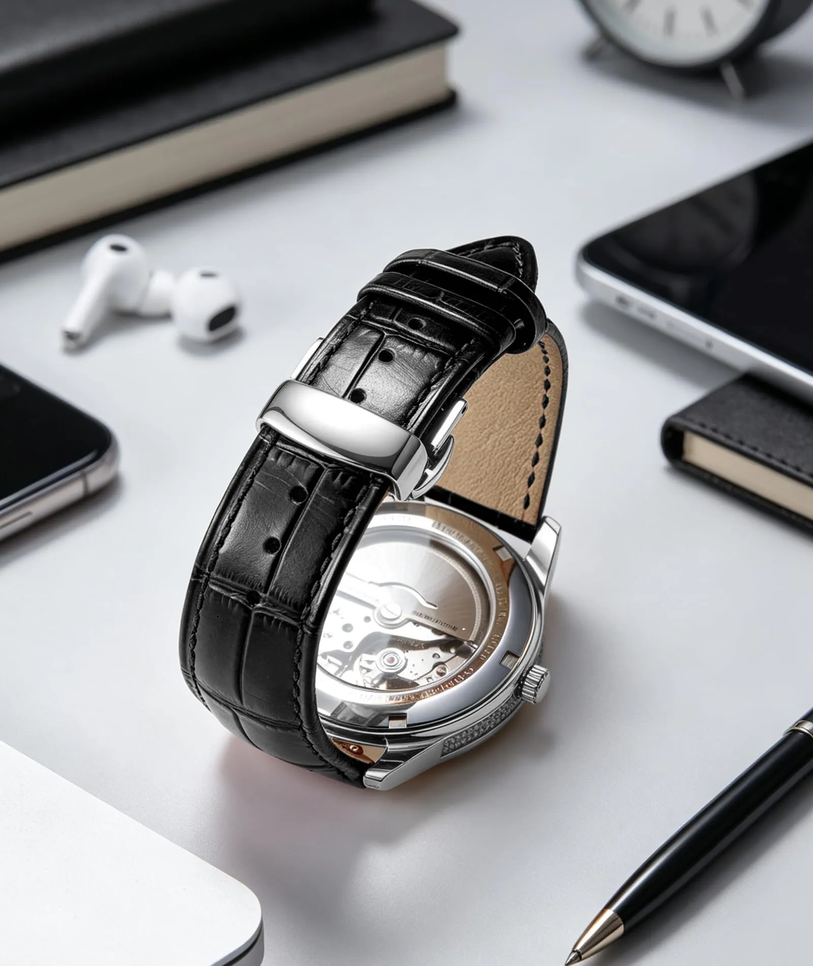 BINLUN Cinturino in Pelle per Orologio Unisex con Fibbia a Farfalla Argento, 20mm, Nero - immagine 4