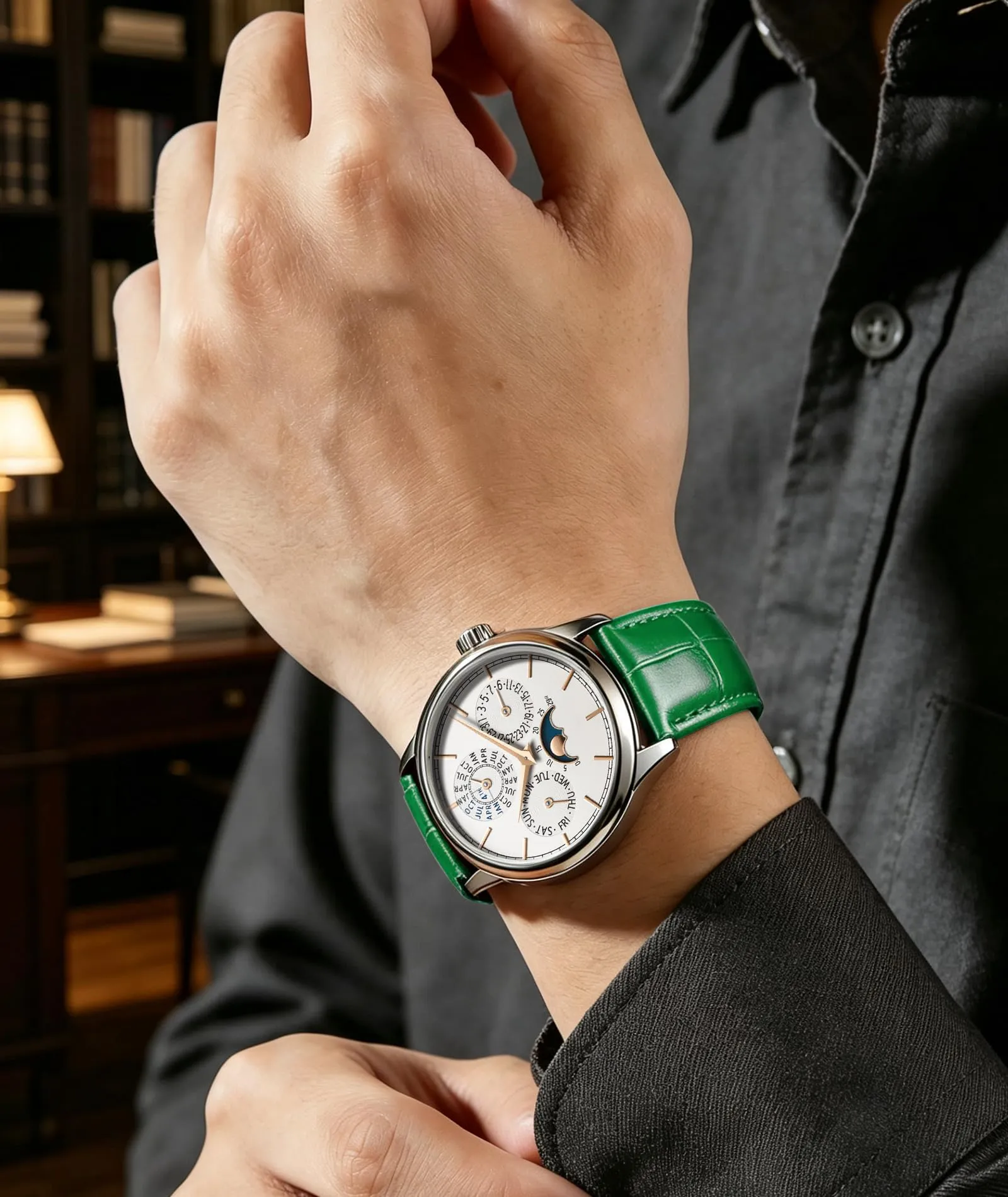 BINLUN Cinturino in Pelle per Orologio con Fibbia a Farfalla, Verde, 14mm - immagine 5