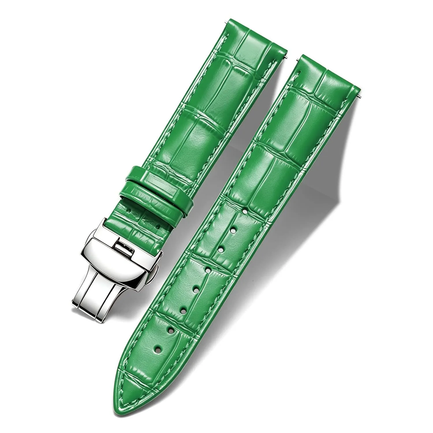 BINLUN Cinturino per Orologio in Pelle con Fibbia a Farfalla, Verde-Fibbia d'argento, 22mm - immagine 1