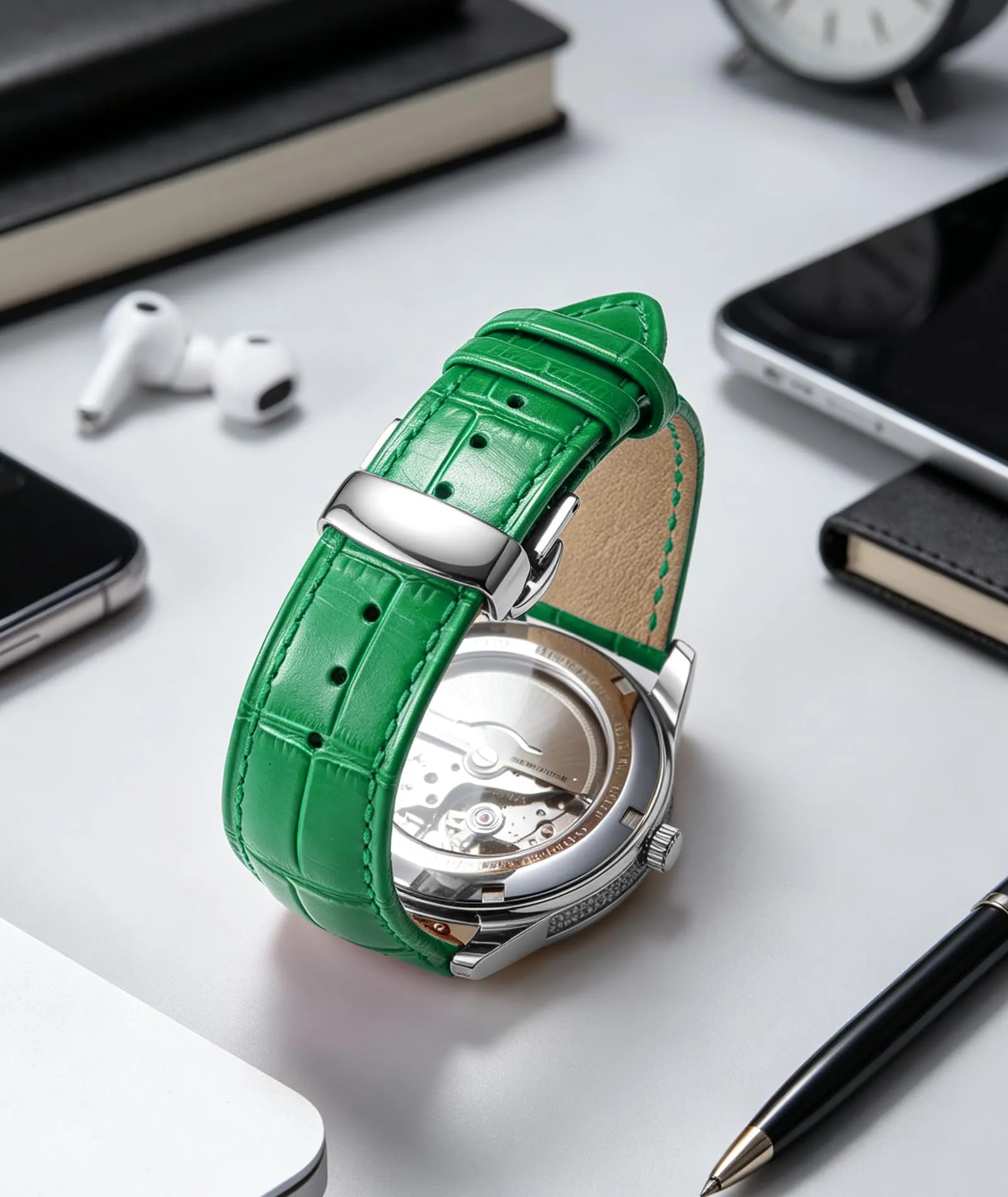 BINLUN Cinturino per Orologio in Pelle con Fibbia a Farfalla, Verde-Fibbia d'argento, 22mm - immagine 4