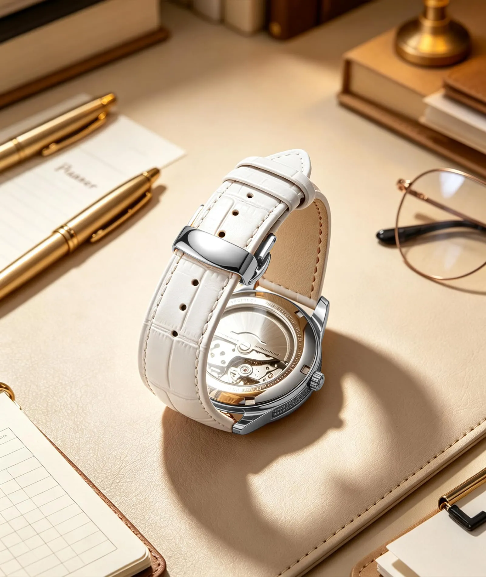 BINLUN Cinturino per Orologio in Pelle con Fibbia a Farfalla, 12mm, Bianco-Fibbia Argento - immagine 4