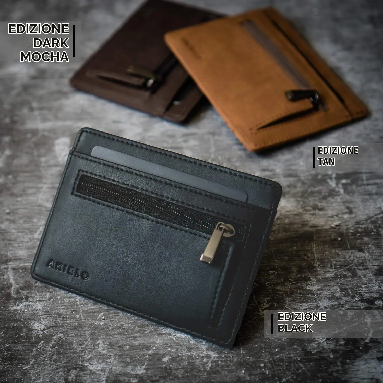 AKIELO Bravo Portafoglio Uomo Slim con Blocco RFID e Portamonete con Zip - Marrone Chiaro - immagine 7