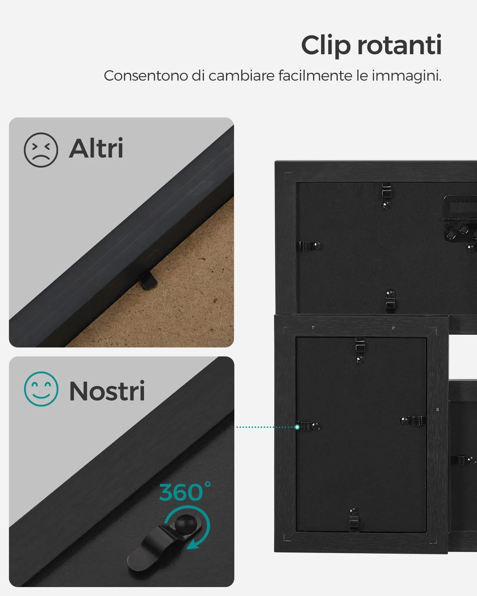SONGMICS Collage di Cornici per Foto, Set di 4 Portafoto da Parete e Tavolo, 10 x 15 cm, Nero Cenere - immagine 7