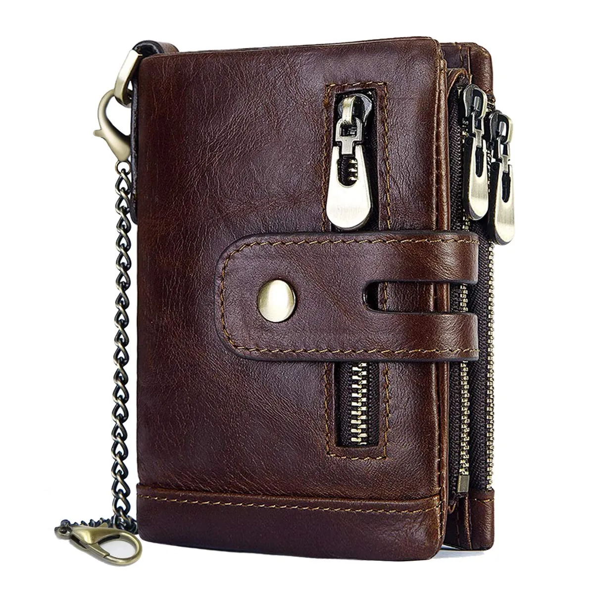 REETEE Portafoglio Uomo Bifold in Vera Pelle con Blocco RFID, Catena e Portamonete con Cerniera, 16 Porta Carte di Credito (Caffè) - immagine 1