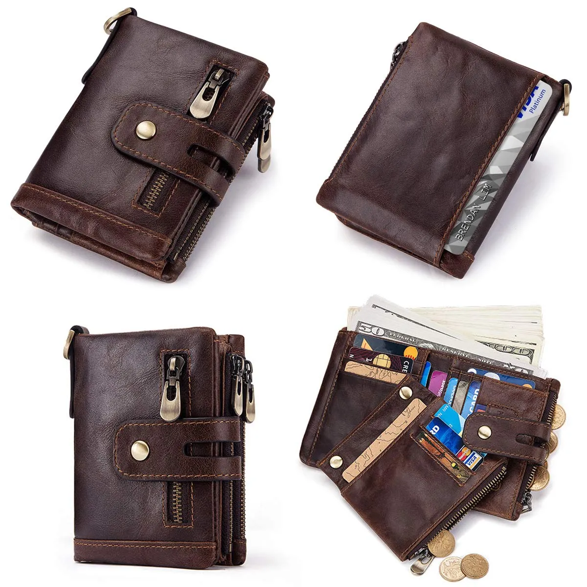 REETEE Portafoglio Uomo Bifold in Vera Pelle con Blocco RFID, Catena e Portamonete con Cerniera, 16 Porta Carte di Credito (Caffè) - immagine 2