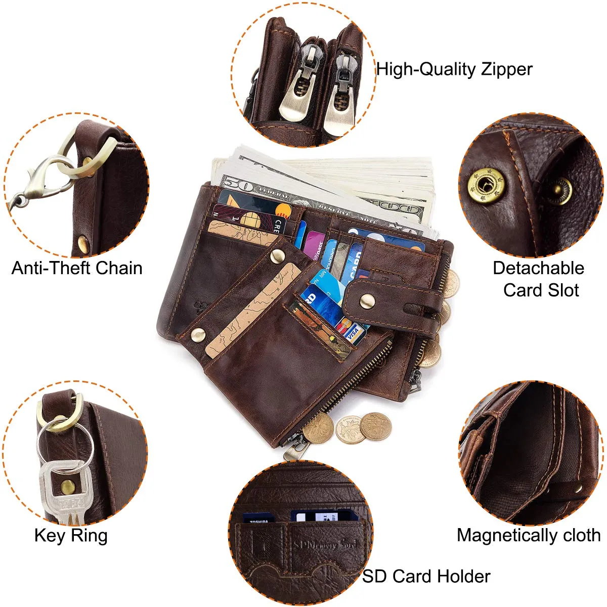 REETEE Portafoglio Uomo Bifold in Vera Pelle con Blocco RFID, Catena e Portamonete con Cerniera, 16 Porta Carte di Credito (Caffè) - immagine 4
