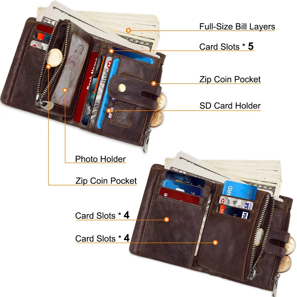 REETEE Portafoglio Uomo Bifold in Vera Pelle con Blocco RFID, Catena e Portamonete con Cerniera, 16 Porta Carte di Credito (Caffè) - immagine 5