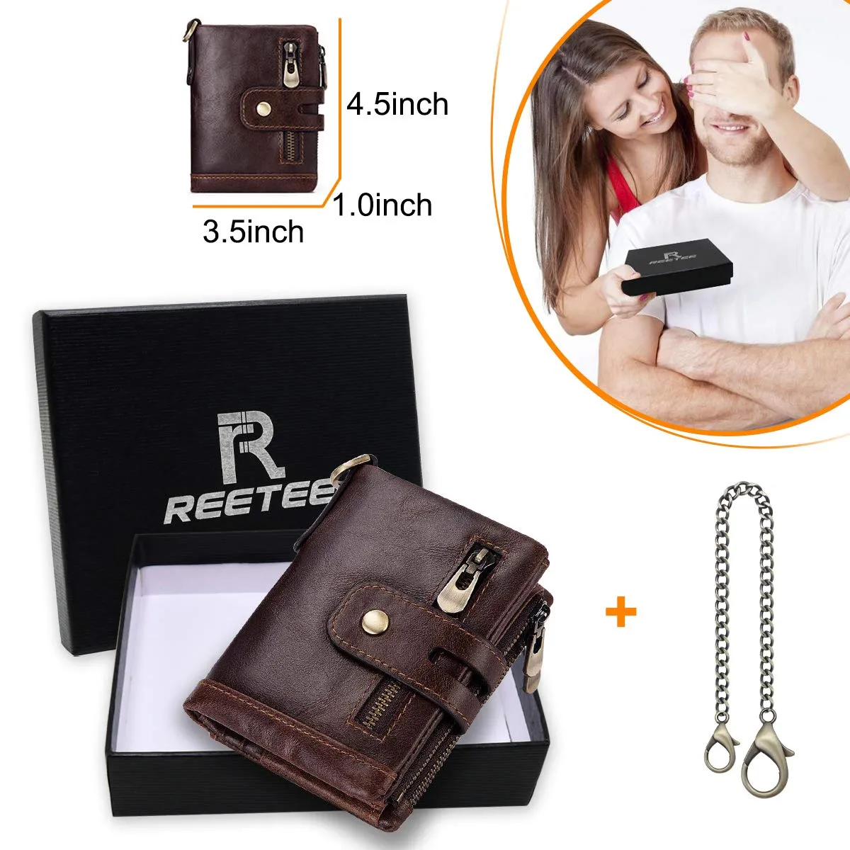 REETEE Portafoglio Uomo Bifold in Vera Pelle con Blocco RFID, Catena e Portamonete con Cerniera, 16 Porta Carte di Credito (Caffè) - immagine 7