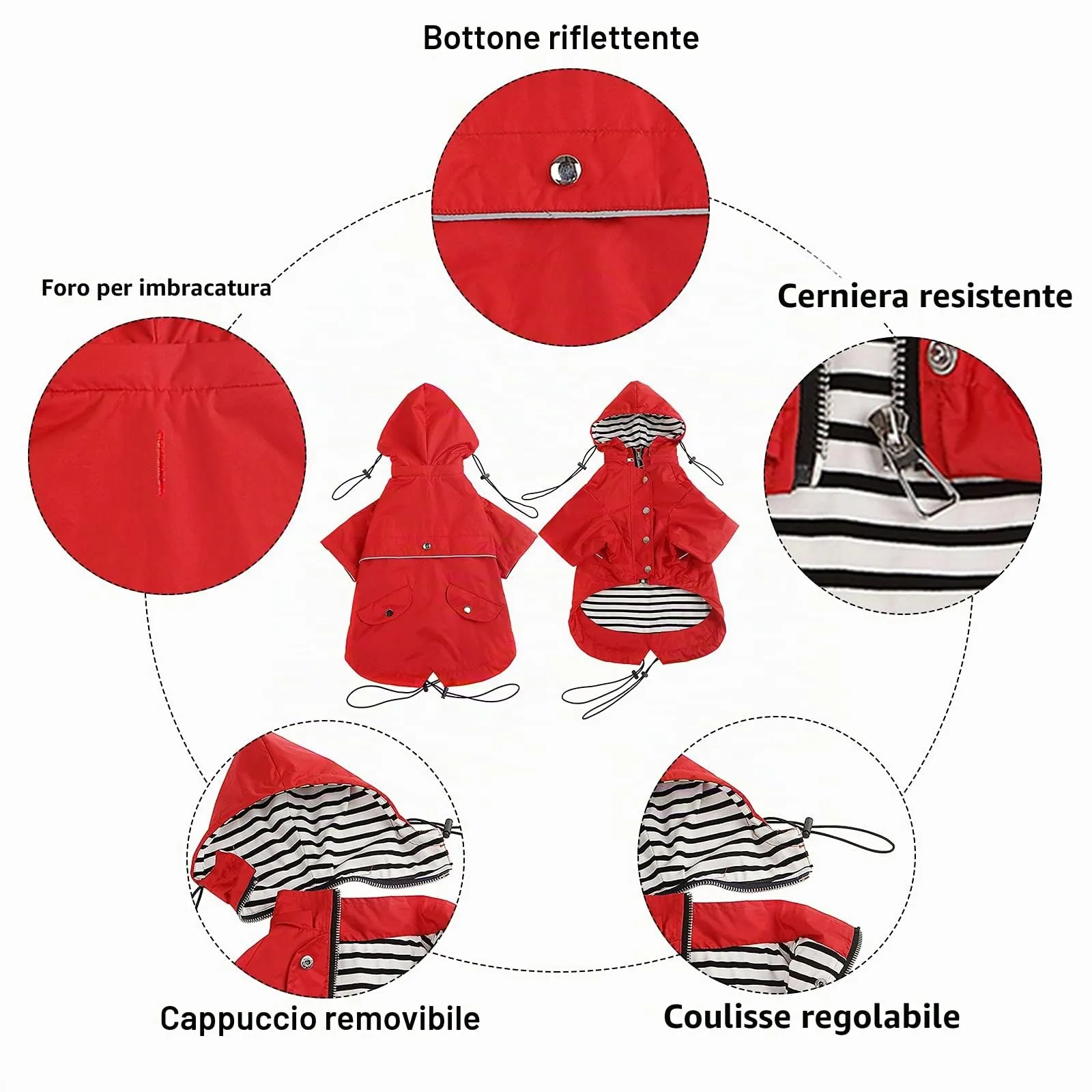Impermeabile Morezi per cani, traspirante con cerniera e cappuccio staccabile, Rosso, S - immagine 3